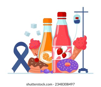 Daño de edulcorante en la ilustración vectorial de comida chatarra. Botellas de refresco, postres, pasteles, helados, donuts y dulces que causan cáncer. Daño del azúcar, atención de la salud, concepto de medicina