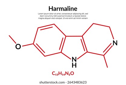 Harmalina, alcaloide de indole fluorescente, fórmula de estrutura molecular, adequado para conteúdo de educação ou ciência química. Ilustração vetorial