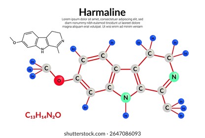 Harmaline, fluorescent indole alkaloid, molecular structure formula, ball-and-stick model, suitable for education or chemistry science content. Vector illustration