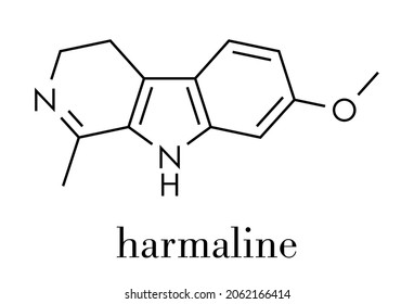 Harmaline indole alkaloid molecule. Found in Syrian rue (Peganum harmala). Skeletal formula.