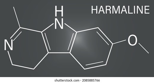 Harmaline indole alkaloid molecule. Found in Syrian rue (Peganum harmala). Skeletal formula.