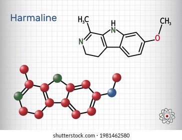 Molécula de armería. Es alcaloide indoide fluorescente. Fórmula química estructural y modelo molécula. Hoja de papel en una jaula. Ilustración del vector