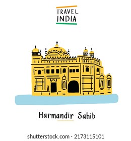 Harmandir Sahib The golden temple India landmark Hand drawn color illustration