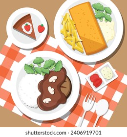 Harmburg with stew rice and Fish and chips on illustration style
