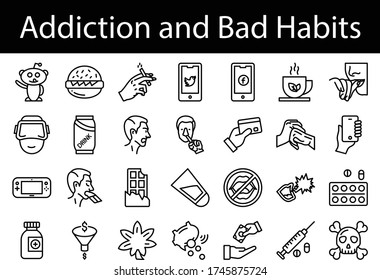 Juego de iconos vectoriales para el concepto de adicciones nocivas, paquete de ilustraciones de hábitos malos sobre fondo blanco, 