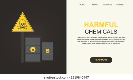Harmful chemicals banner illustration. A warning sign with a skull and crossbones, accompanied by three barrels with the same symbol. 