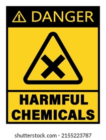 Harmful chemicals, warning sign with yellow triangle, symbols and text. 