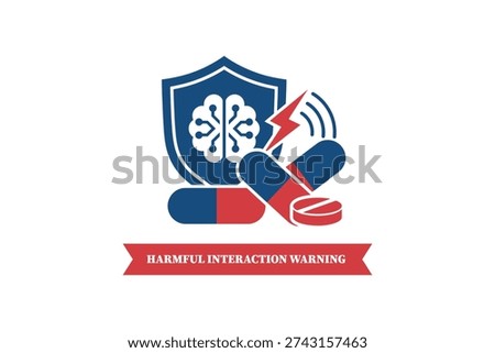 Harmful Drug Interaction Warning Medical Concept Vector Illustration - Prescription Pills and Brain Shield Health Risk Graphic
