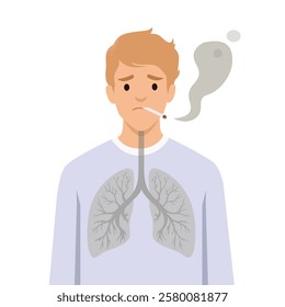 The Harmful Effects of Smoking. Man smoking a cigarette with darkened lungs. Flat vector illustration isolated on white background