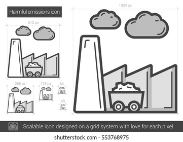 Harmful emissions vector line icon isolated on white background. Harmful emissions line icon for infographic, website or app. Scalable icon designed on a grid system.