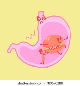 Harmful food stretches the stomach. Cartoon food in the section of the stomach. The stomach is saddened by bad food. The stomach is heavy and painful.