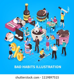 Harmful habits including abuse of coffee and fast food smoking gaming addiction blue background isometric vector illustration