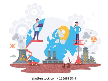Harmful impact of human activity on the environment vector illustration. Influence of factories producing nuclear power. Men works in production. Damage of the planet from factories with radiation