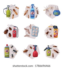 Harmful Insects Insecticides Set, Pest Control Service, Detecting and Exterminating Insects Vector Illustration