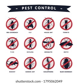 Harmful Insects Prohibition Signs, Moth, Mosquito, Diplura, Tick, Termite, Fly, Rat, Cockroach, Scolopendra, Pest Control and Extermination Service Vector Illustration