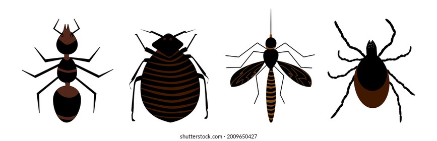 Harmful Insects Set Icon Isolated On White Background. Signs And Symbols Of Pests, Tick, Ant, Fleas And Mosquito. Insect Repellent Or Pest Control, Extermination, Removal Services. Vector Illustration