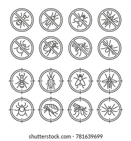 Harmful insects: thin vector icon set, black and white kit