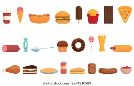Harmful products icons set cartoon vector. Chocolate teeth. Medical health