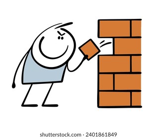 Harmful stickman pulls bricks out of the building wall. Vector illustration of a cunning man causing problems for competitors. Break down the house. Isolated cartoon caricature on white background.