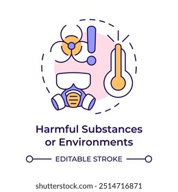 Ícone de conceito de várias cores de substâncias e ambientes nocivos. Equipamento de proteção, produtos químicos perigosos. Ilustração de linha de forma redonda. Ideia abstrata. Design gráfico. Fácil de usar no infográfico