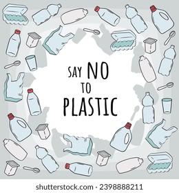 Harmful use of plastic. Environmental pollution. Square poster, frame for text. Say no to plastic. Motivational quote.