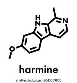 Molécula alcaloide Harmine. Inhibidor de la monoamino oxidasa A. (MAO-A). Fórmula esquelética.