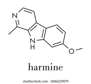 Molécula alcaloide Harmine. Inhibidor de la monoamino oxidasa A. (MAO-A). Fórmula esquelética.