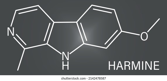 Harminalkaloidmolekül. Kräuterhemmstoff der Monoaminoxidase A. (MAO-A). Skelettformel.