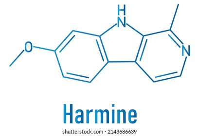 Molécula alcaloide Harmine. Inhibidor de la monoamino oxidasa A. (MAO-A). Fórmula esquelética.