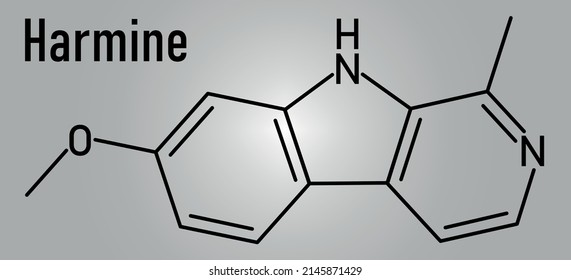 Molécula alcaloide Harmine. Inhibidor de la monoamino oxidasa A. (MAO-A). Fórmula esquelética.