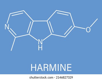 Molécula alcaloide Harmine. Inhibidor de la monoamino oxidasa A. (MAO-A). Fórmula esquelética.