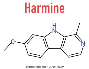 Molécula alcaloide Harmine. Inhibidor de la monoamino oxidasa A. (MAO-A). Fórmula esquelética.