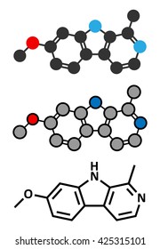 Harmine alkaloid molecule. Herbal inhibitor of monoamine oxidase A. (MAO-A). Stylized 2D renderings and conventional skeletal formula.