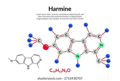 Harmina, alcaloide harmala, fórmula de estructura molecular, modelo de bola y palo, adecuado para contenido de educación o ciencia química. Ilustración vectorial