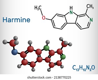 Molécula de harina. Es alcaloide fluorescente de harmala, que inhibe la monoamino oxidasa A, MAO-A. Fórmula química estructural y modelo molécula. Ilustración del vector