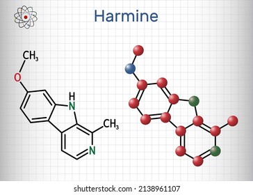 Molécula de harina. Es alcaloide fluorescente de harmala, que inhibe la monoamino oxidasa A, MAO-A. Fórmula química estructural y modelo molécula. Hoja de papel en una jaula. Ilustración del vector