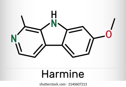 Molécula de harina. Es alcaloide fluorescente de harmala, que inhibe la monoamino oxidasa A, MAO-A. Fórmula química esquelética. Ilustración del vector