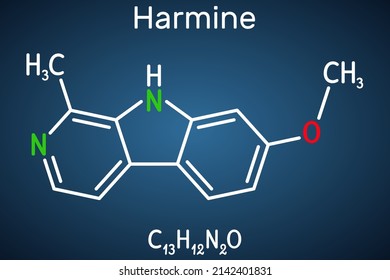 Molécula de harina. Es alcaloide fluorescente de harmala, que inhibe la monoamino oxidasa A, MAO-A. Fórmula química estructural en el fondo azul oscuro. Ilustración del vector