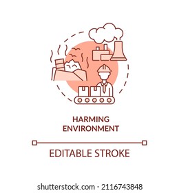 Harming environment red concept icon. Emissions, waste dumping. Market economy cons abstract idea thin line illustration. Isolated outline drawing. Editable stroke. Arial, Myriad Pro-Bold fonts used
