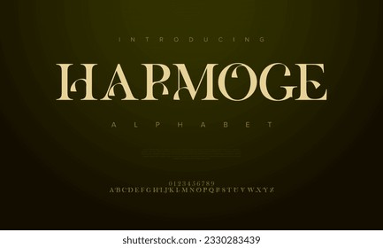 Harmoge premium luxury elegant alphabet letters and numbers. Elegant wedding typography classic serif font decorative vintage retro. Creative vector illustration