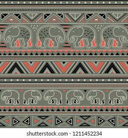 Harmonic aztec shapes with elephants vector surface pattern, seamless repeat. Khaki background with bright orange highlights. Great for fabrics, scrapbooking, wrapping paper, cards, wallpapers etc.