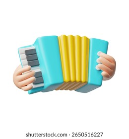 Harmonic in hand 3D cartoon plastic style vector illustration. Wind instrument with keys for melodies and songs performance. Chromatic button accordion or Russian Bayan. Folk ethnic musical instrument