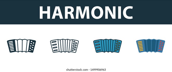 Harmonic icon set. Four elements in diferent styles from party icon icons collection. Creative harmonic icons filled, outline, colored and flat symbols.