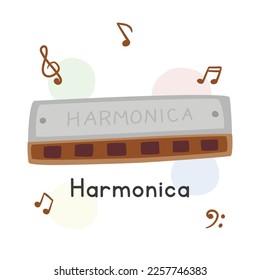 Harmonica clipart cartoon style. Simple cute harmonica, French harp, blues harp, mouth organ flat vector illustration. Free reed wind instrument hand drawn doodle style. Harmonica vector design