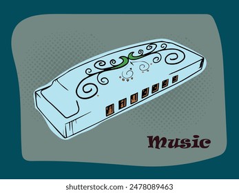 Harmonica Element on Teal Background for Music.