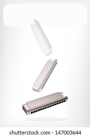 A Harmonica, French Harp, Blues Harp or Mouth Organ, Is A Musical Instrument or Free Reed Wind Instrument with White Label for Copy Space and Text Decorated. 