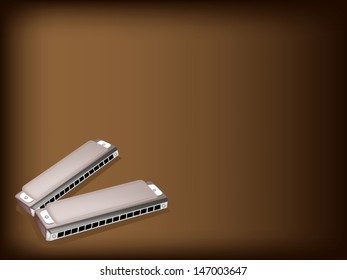 A Harmonica, French Harp, Blues Harp or Mouth Organ, Is A Musical Instrument or Free Reed Wind Instrument on Beautiful Dark Brown Background with Copy Space for Text Decorated. 