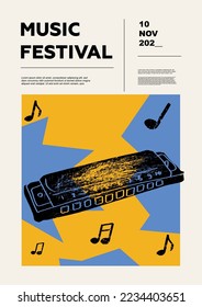 Harmonica, harp, organ. Music festival poster. Reed musical instruments. Competition.  A set of vector illustrations. Minimalistic design. Banner, flyer, cover, print.