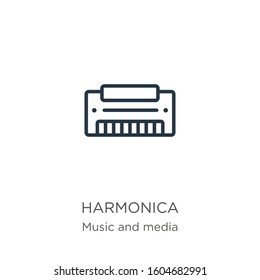 Harmonica icon. Thin linear harmonica outline icon isolated on white background from music collection. Line vector sign, symbol for web and mobile