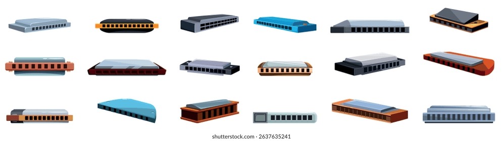 Harmonica icons set. Set of harmonicas showcasing various designs, colors, and sizes, suitable for blues, folk, rock, country, and jazz music